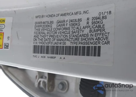 2018 Honda Accord Ex-L 2.0T из США, поврежденный, VIN 1HGCV2F51JA014130